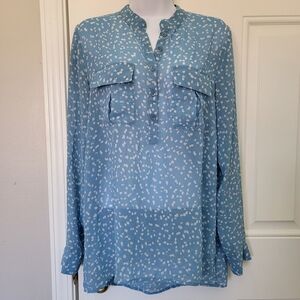 Kensie Lightweight Blue White Sheer Long Sleeve Blouse Pockets Button Down S